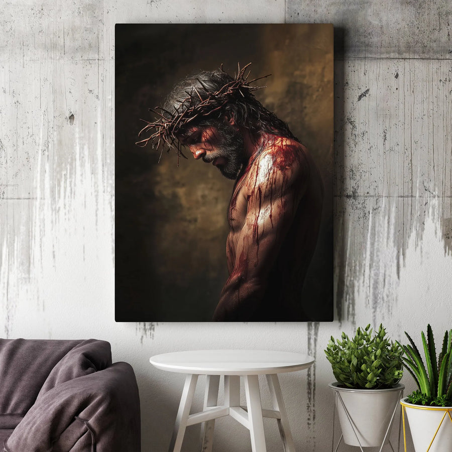 Jesus Christ Canvas Wall Art | Realistic Portrait with Crown of Thorns | Premium Fade-Resistant Print | Christian Home Decor Gift