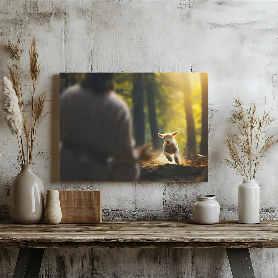 Jesus The Good Shepherd Canvas | Lost Sheep Running To Jesus Wall Art | Premium Fade-Resistant Print | Religious Home Decor Gift