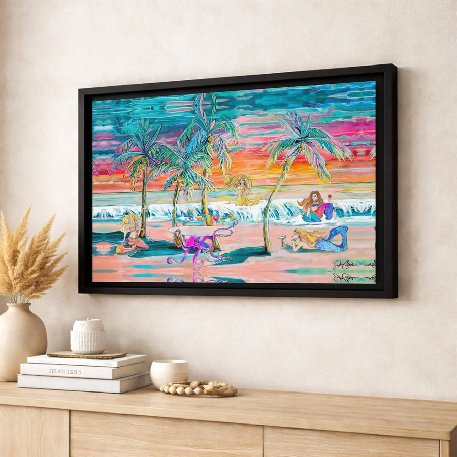 Mermaid Beach Party Canvas Print | Octopus Bartender Sunset Coastal Wall Art | Gallery Quality 1.25 Inch Thick Wrap | Tropical Home Decor Gift