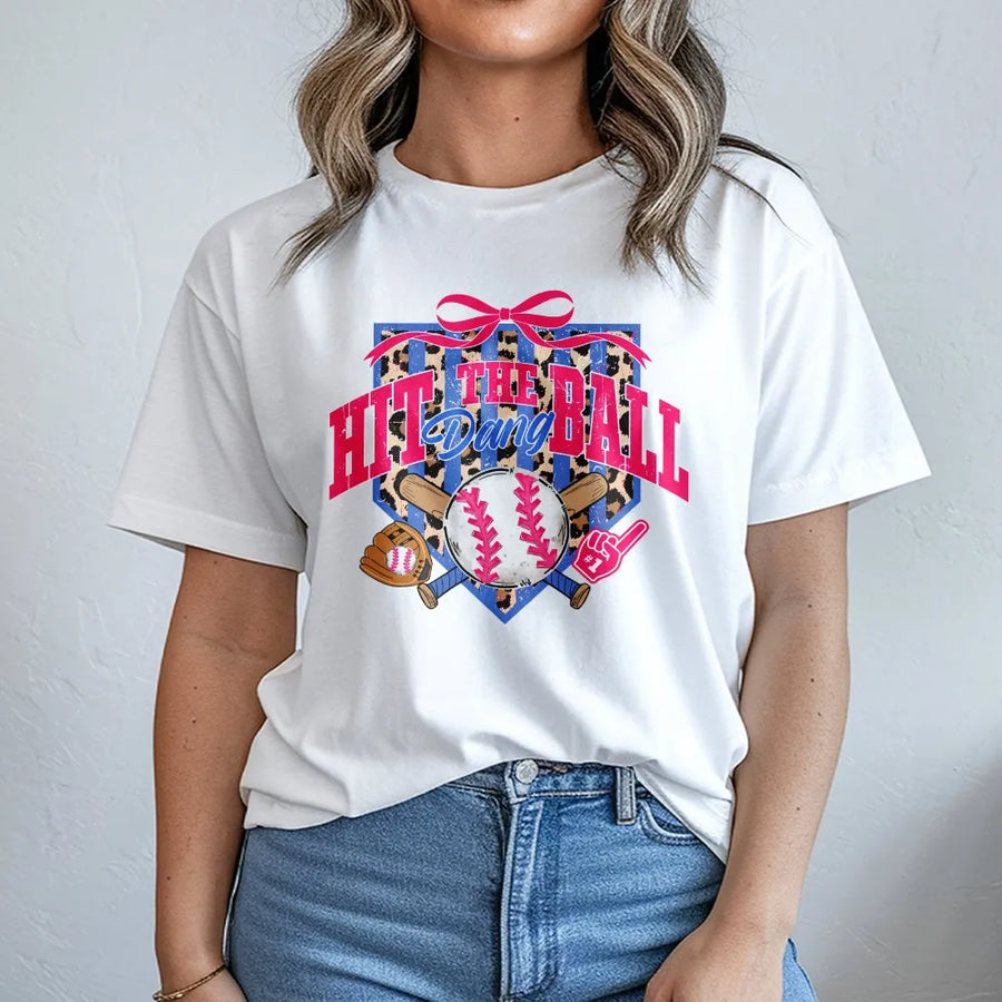 Game Day Baseball T-Shirt | Coquette Leopard Print 'Hit The Dang Ball' Graphic | Soft Unisex Crewneck | Gift for Baseball Mom