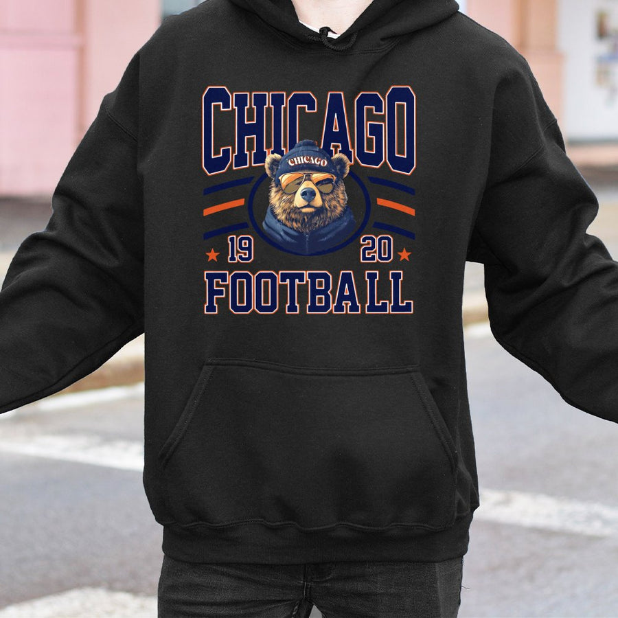 Vintage Chicago Football Hoodie, Retro Bear Mascot Graphic, Unisex Tailgate Football Outfit For Men & Women