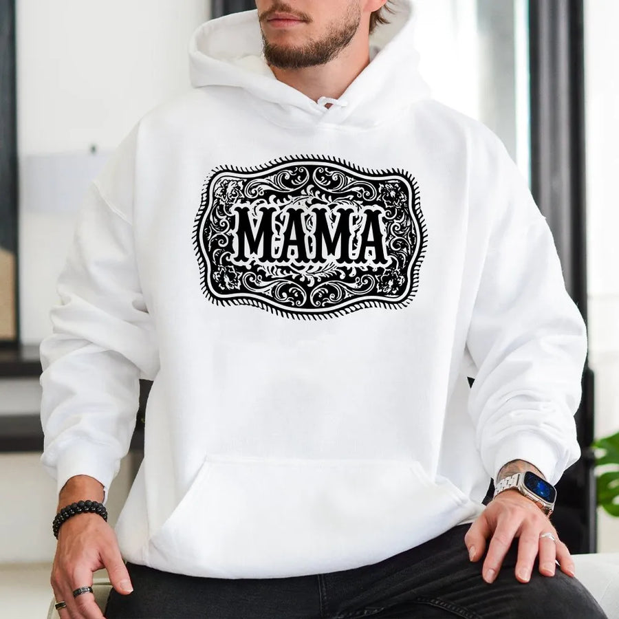 Western Mama Hoodie | Vintage Rodeo Belt Buckle Graphic | Soft Cotton Tee | Country Cowgirl Gift for Mom