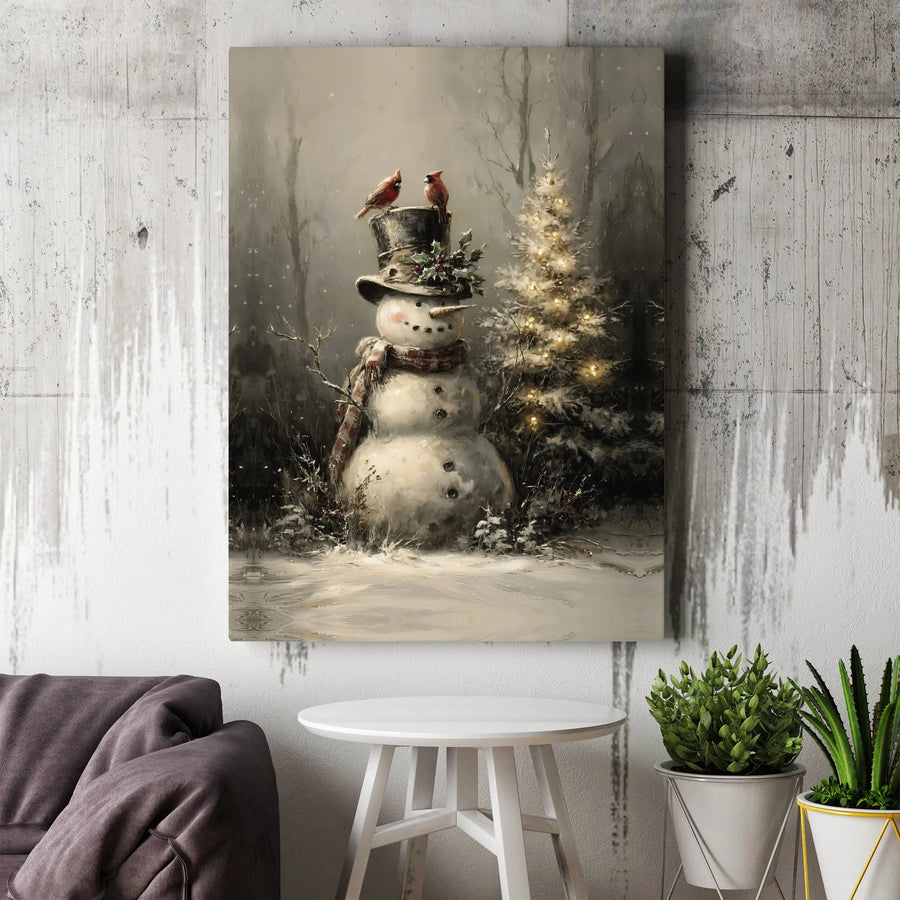 Vintage Snowman Canvas Wall Art | Christmas Cardinal Painting | Premium Gallery Wrap Print | Festive Holiday Home Decor Gift