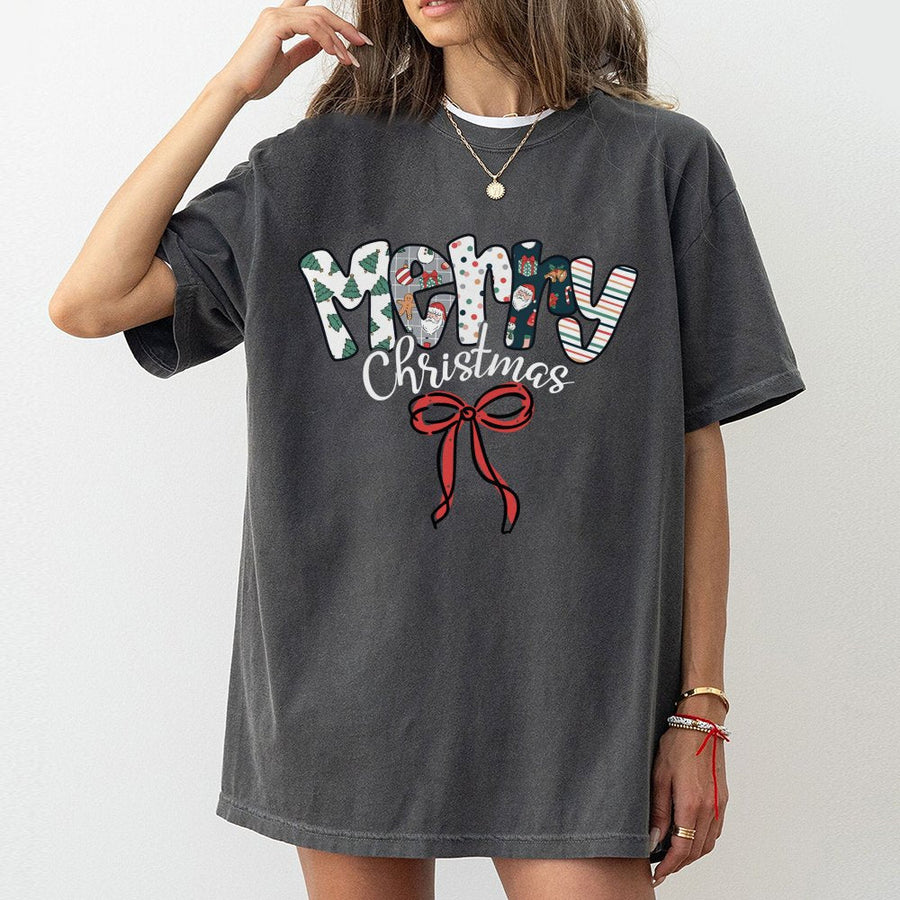 Merry Christmas T-Shirt | Festive Patterned Lettering with Red Bow | Premium 100% Cotton Tee | Cute Holiday Gift for Women and Family