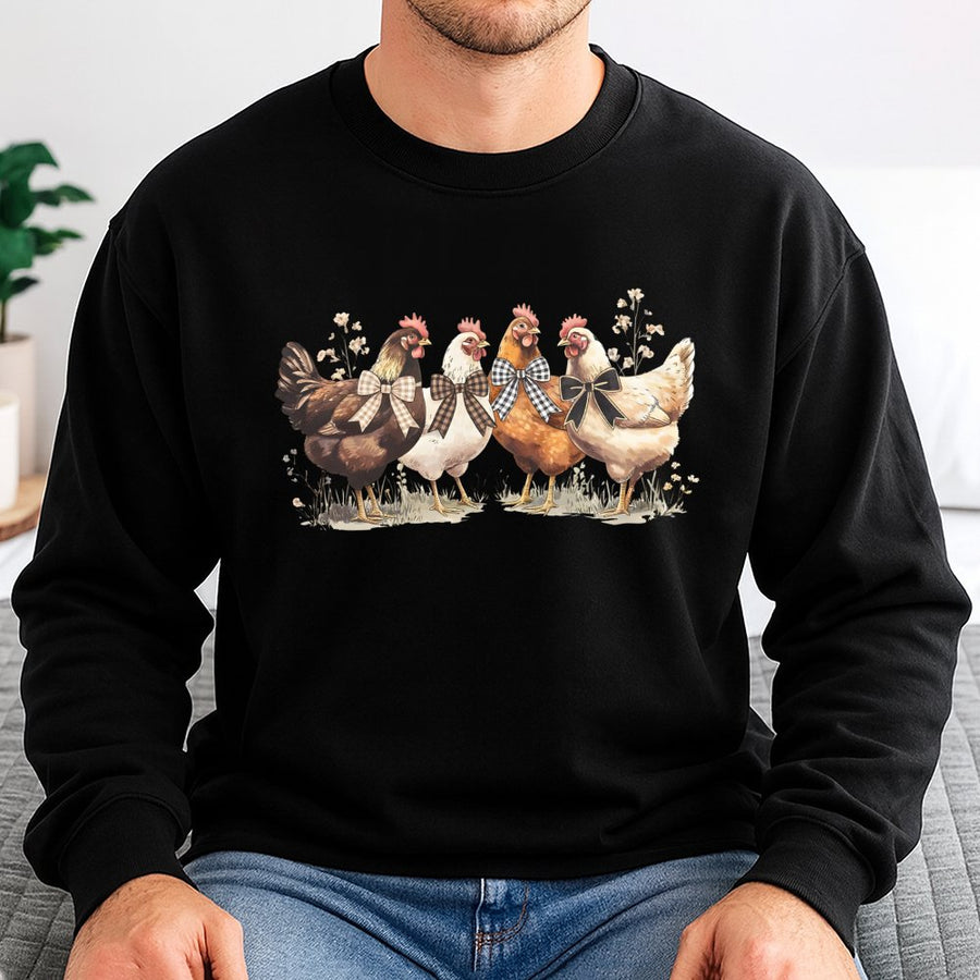 Chicken Sweatshirt | Cute Farm Animals with Buffalo Plaid Bows | Premium Cotton Blend Crewneck | Thanksgiving Fall Gift for Chicken Lovers