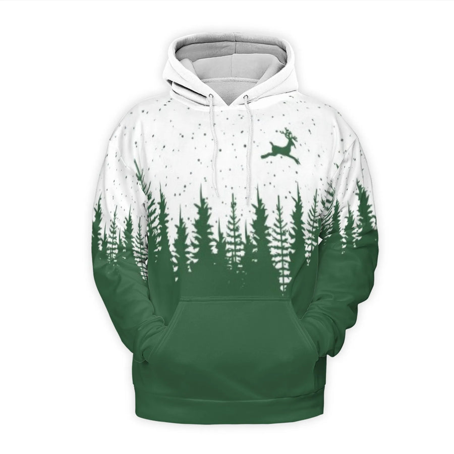 Christmas Reindeer Hoodie | Forest Pine Tree Silhouette Print | Soft Brushed Fleece Premium Pullover | Unisex Holiday Gift for Nature Lovers