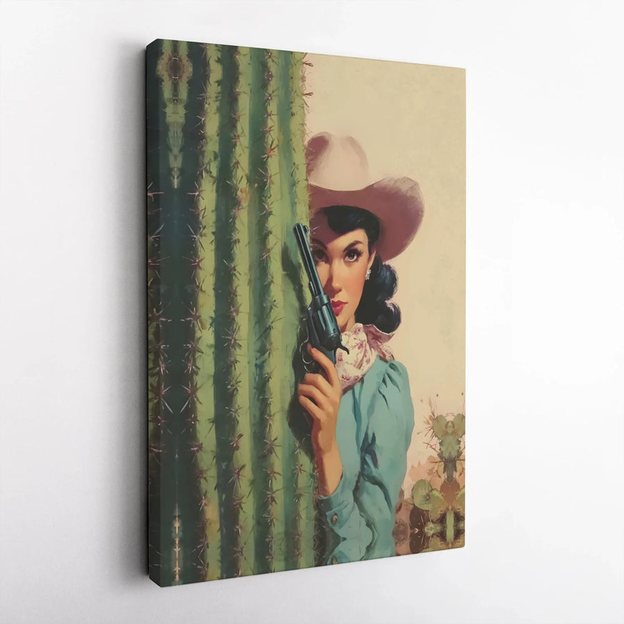 Vintage Cowgirl Canvas Wall Art | Western Pinup with Cactus Art | Premium Frameless Canvas Print | Collector's Southwestern Home Decor