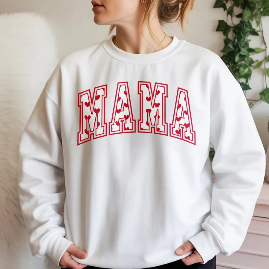 Mama Varsity Sweatshirt | Heart Pattern Text Design | Premium Cotton Blend | Valentine's Day Gift For Mom