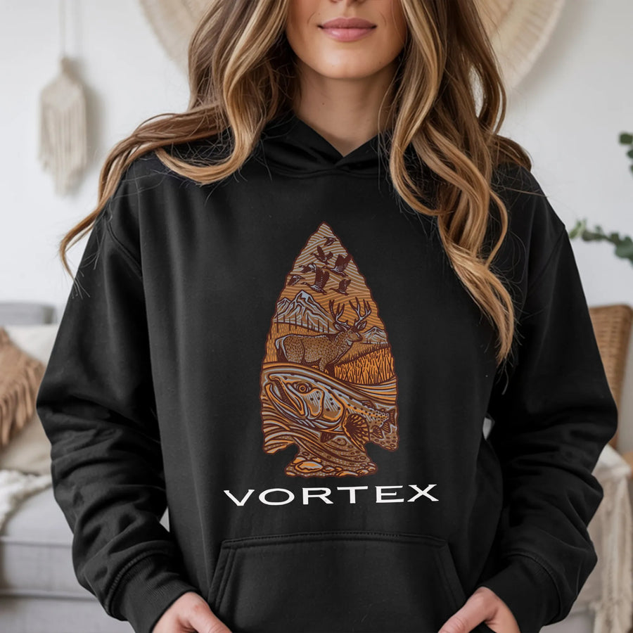 Wildlife Arrowhead Hoodie | Deer Fish Mountain Outdoor Graphic | Premium Cotton Blend | Gift For Hunter Nature Lover