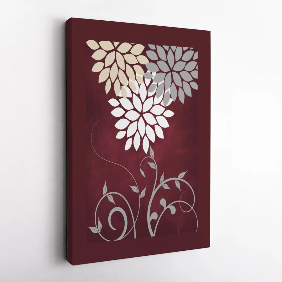 Abstract Floral Canvas Wall Art | Burgundy and Silver Botanical Print | Premium Thick Gallery Canvas | Modern Living Room Home Decor Gift