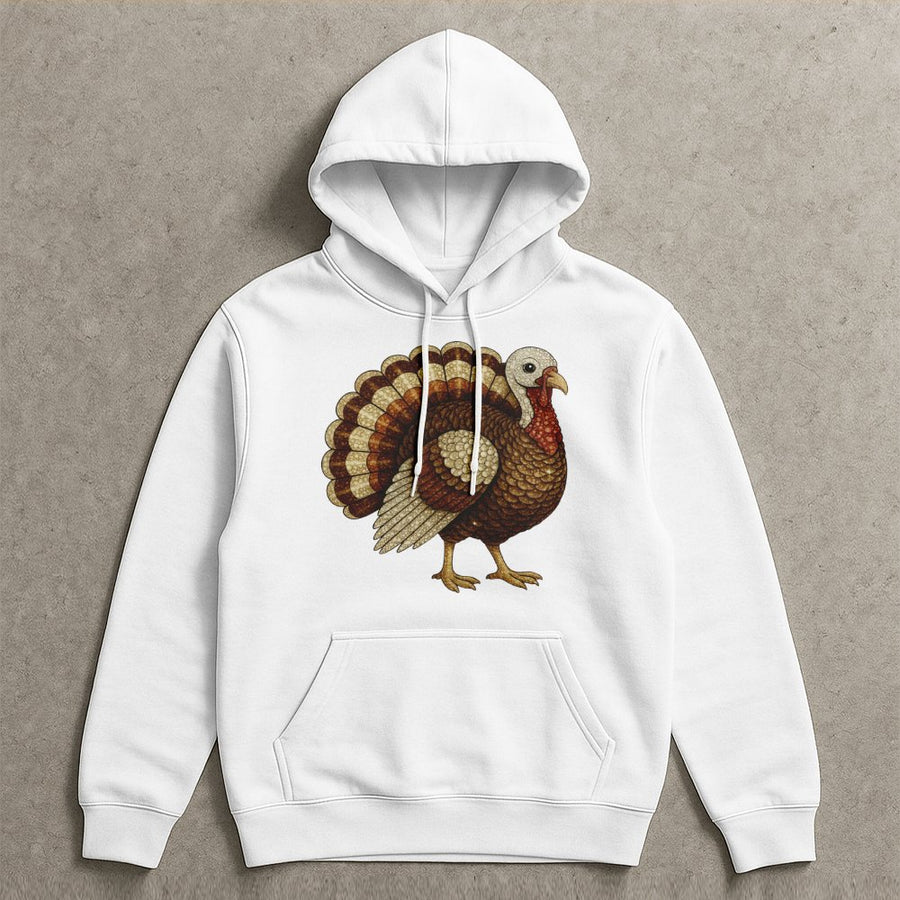 Thanksgiving Turkey Hoodie | Faux Glitter Mosaic Design | Premium Cotton Blend | Fall Holiday Gift for Women and Men