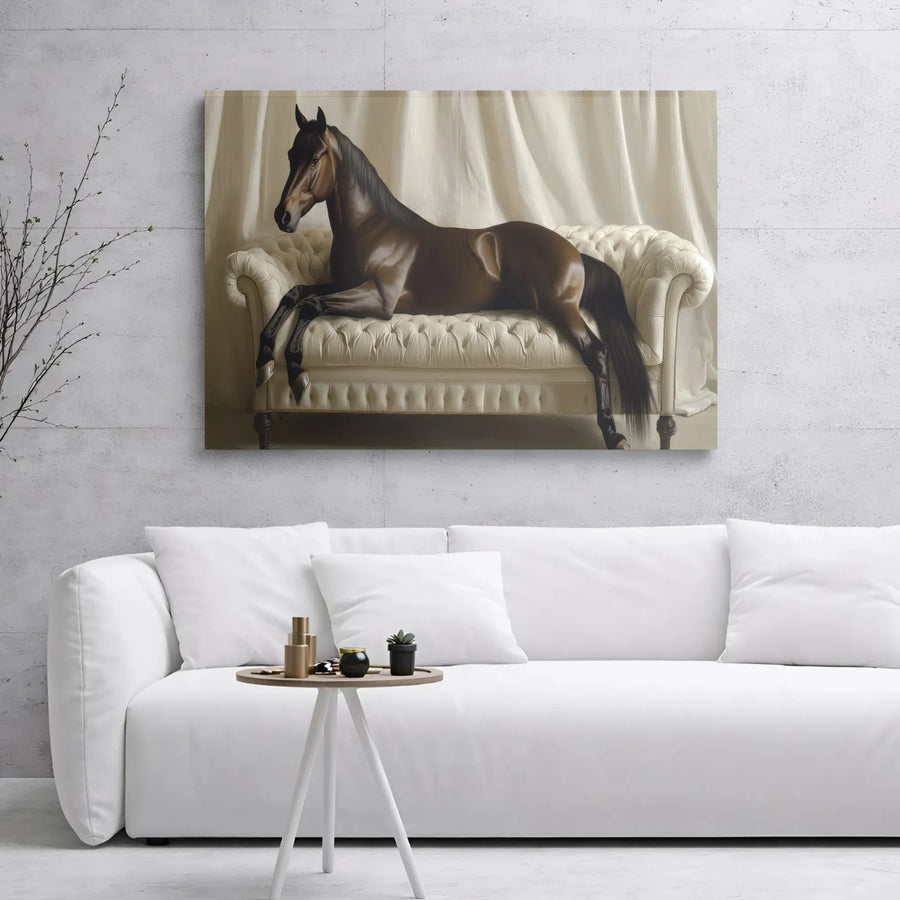 Brown Horse Canvas Wall Art | Elegant Equestrian Decor on Tufted Sofa | Gallery-Wrap Premium Canvas | Artistic Gift for Horse Lovers
