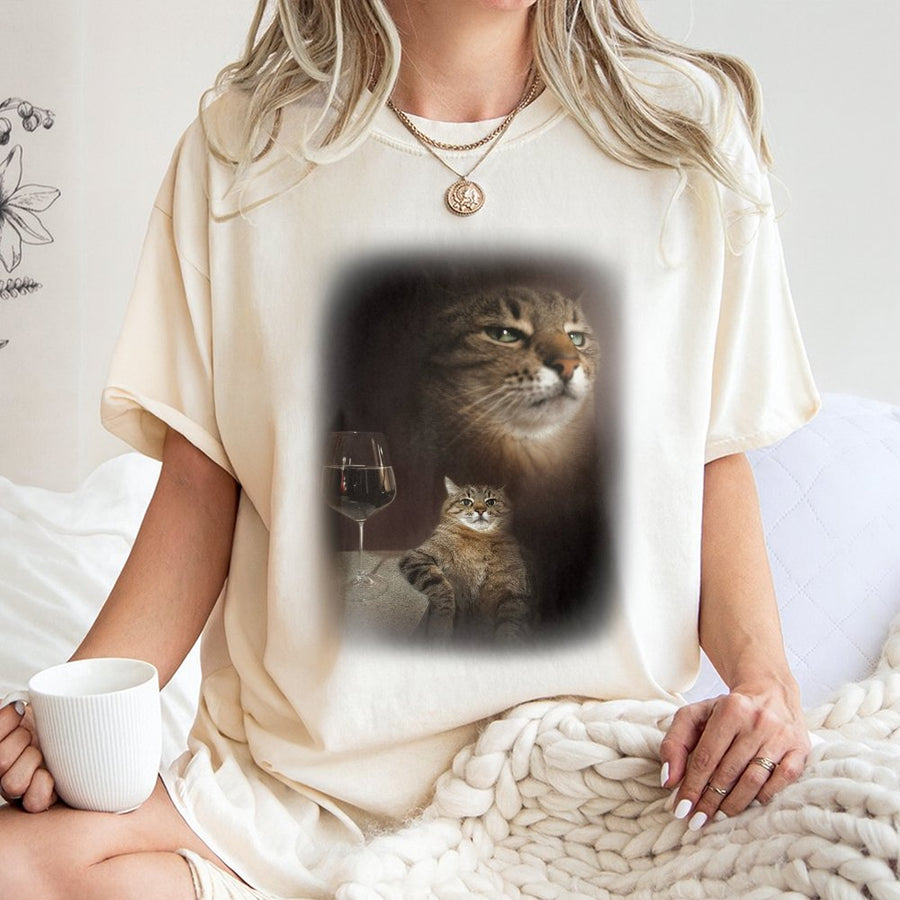 Cat Drinking Wine T-Shirt | Funny Retro Meme Graphic Tee | Premium 100% Cotton Apparel | Unique Gift for Cat Lovers and Wine Enthusiasts