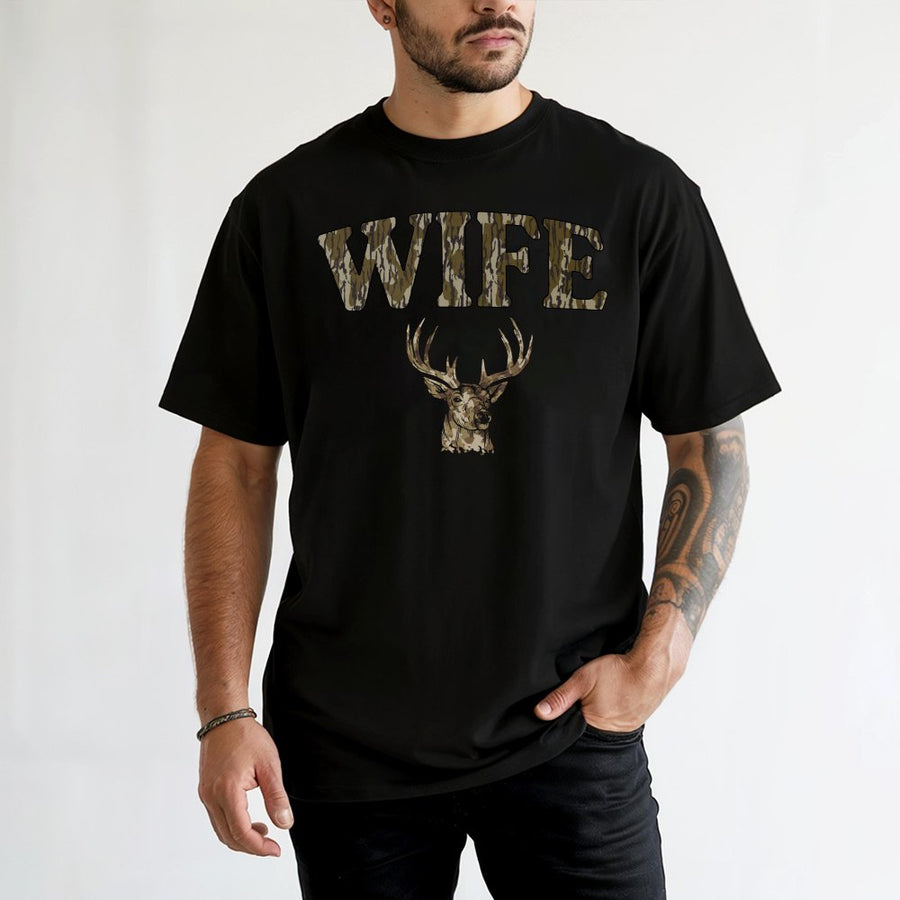 Hunting Wife T-Shirt | Camo Deer Antler Graphic Design | 100% Cotton Premium Tee | Wildlife Enthusiast Gift for Her
