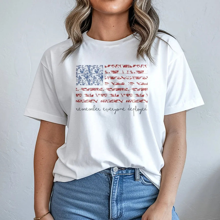 Red Friday T-Shirt | Floral American Flag Remember Everyone Deployed | Premium Cotton Graphic Tee | Military Family Support Gift
