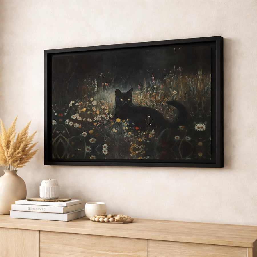 Black Cat Wall Art | Whimsical Wildflower Meadow Oil Painting Style | Premium Gallery-Wrapped Canvas | Botanical Home Decor Gift for Cat Lovers