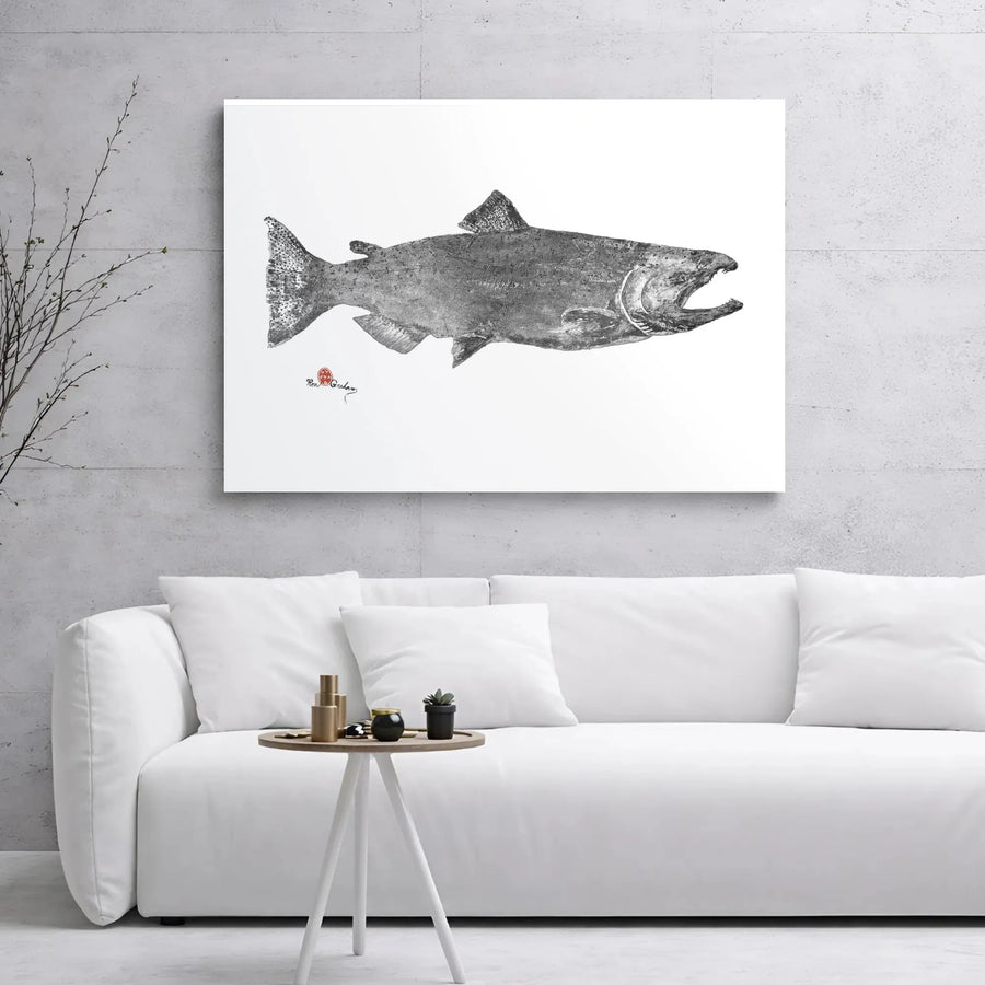 Salmon Gyotaku Fish Wall Art | Japanese Fish Rubbing Print | Premium Gallery Wrapped Canvas | Minimalist Nature Gift for Fisherman
