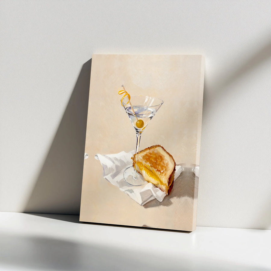 Martini and Grilled Cheese Still Life Canvas | Gourmet Food Kitchen Wall Art | Premium Gallery Wrap Print | Modern Decor Gift for Foodies