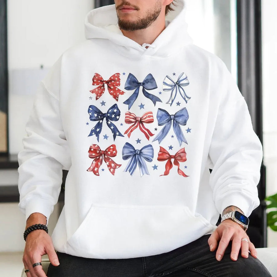 Patriotic Bows Hoodie | Watercolor American Flag Bows Print | Cozy Cotton Blend Pullover | 4th of July Gift for Women