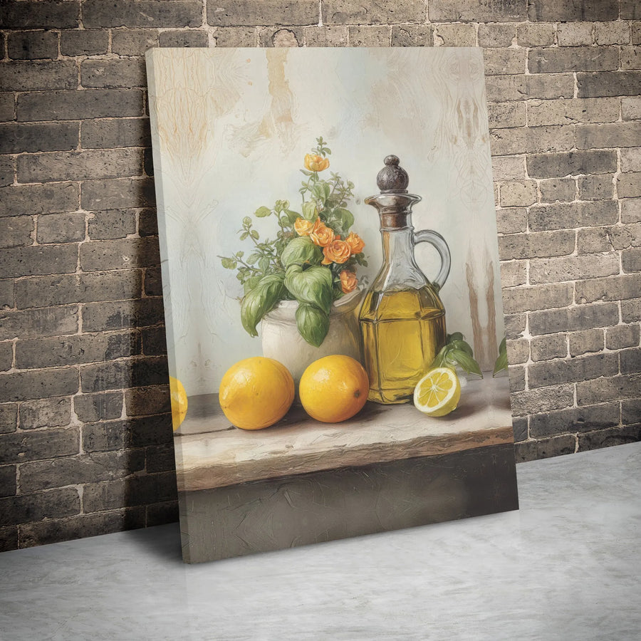 Still Life Kitchen Canvas Print | Lemons and Olive Oil Painting | 1.25 Inch Gallery Wrap | Mediterranean Decor for Home or Dining Room