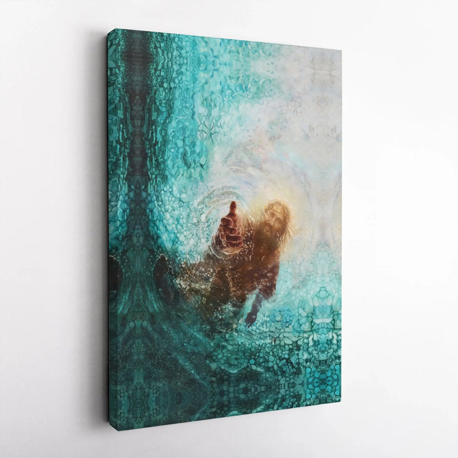 Jesus Reaching Hand From Water Canvas | Religious Baptism Wall Art | Premium Gallery Wrapped Print | Christian Home Decor Gift