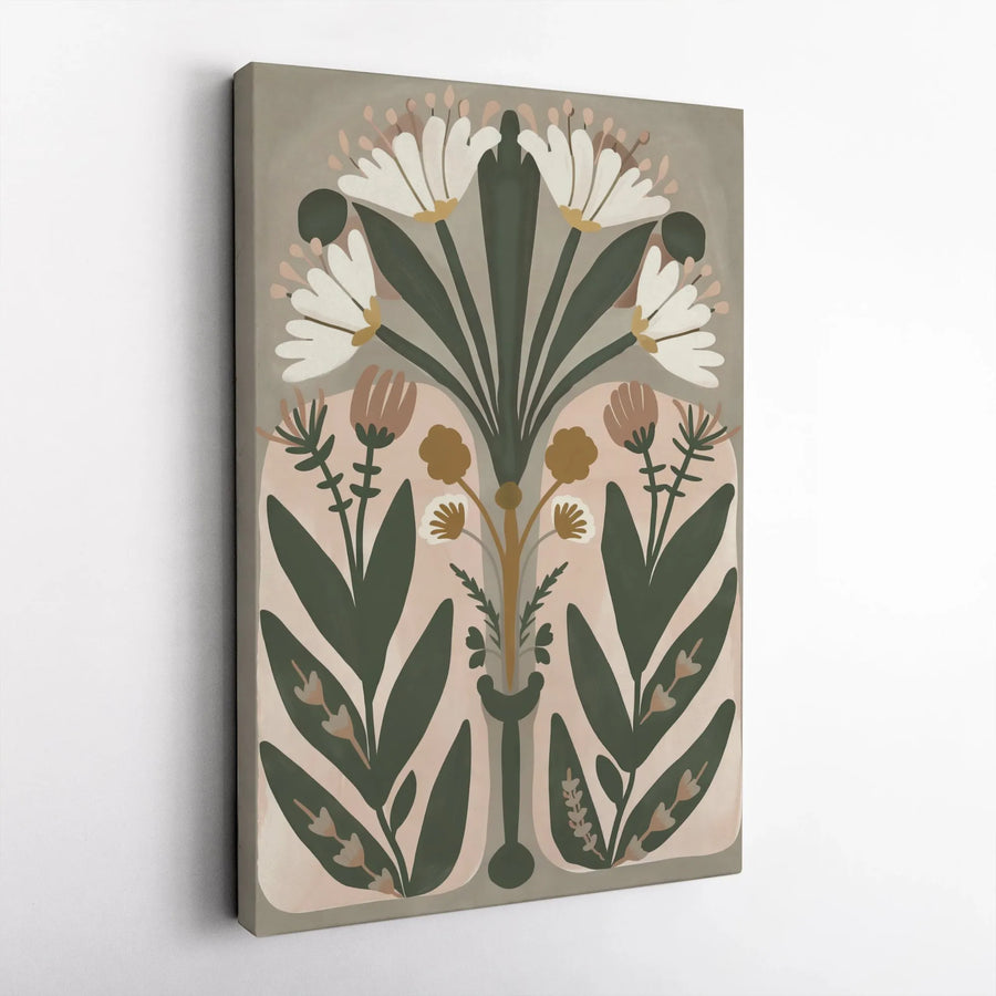Boho Floral Canvas Wall Art | Symmetrical Botanical Flower Print | Premium 1.25-Inch Gallery Wrap | Modern Neutral Home Decor Gift
