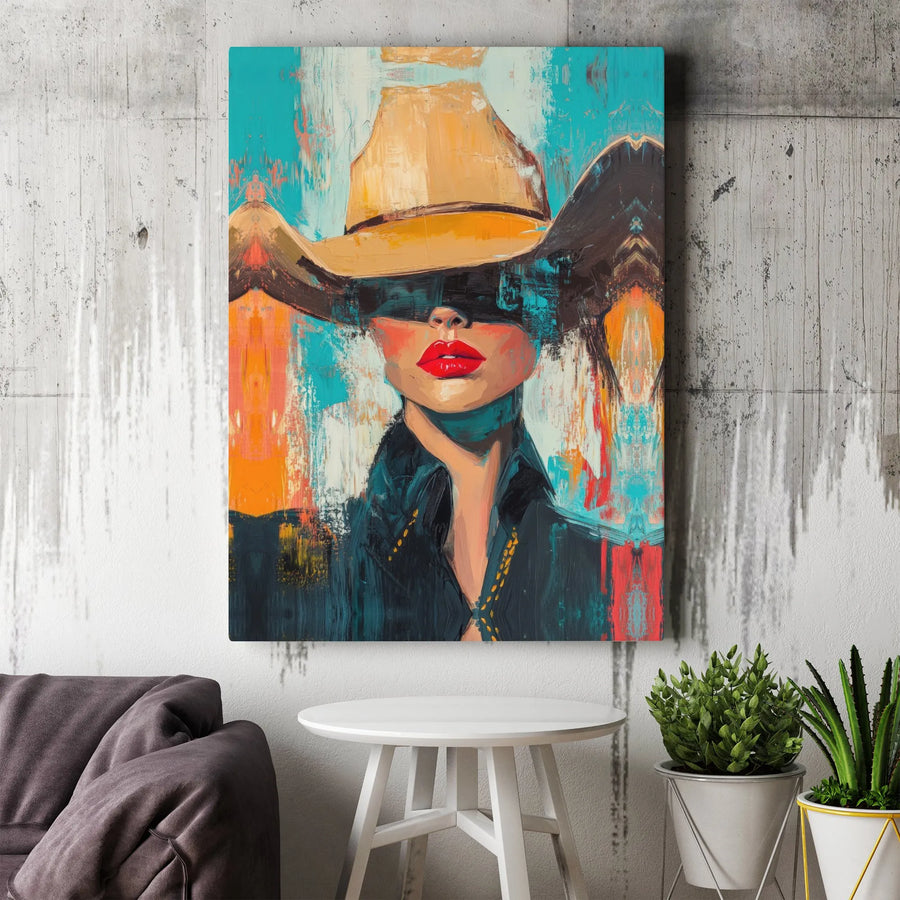 Abstract Cowgirl Canvas Print | Modern Western Painting with Red Lips | Premium Gallery Wrapped Canvas | Southwestern Living Room Decor