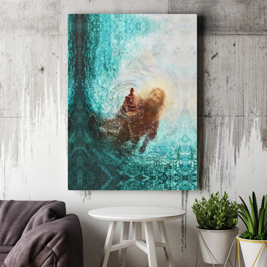 Jesus Reaching Hand From Water Canvas Print | Religious Inspirational Wall Art | 1.25 Inch Premium Gallery Wrap | Christian Home Decor Gift