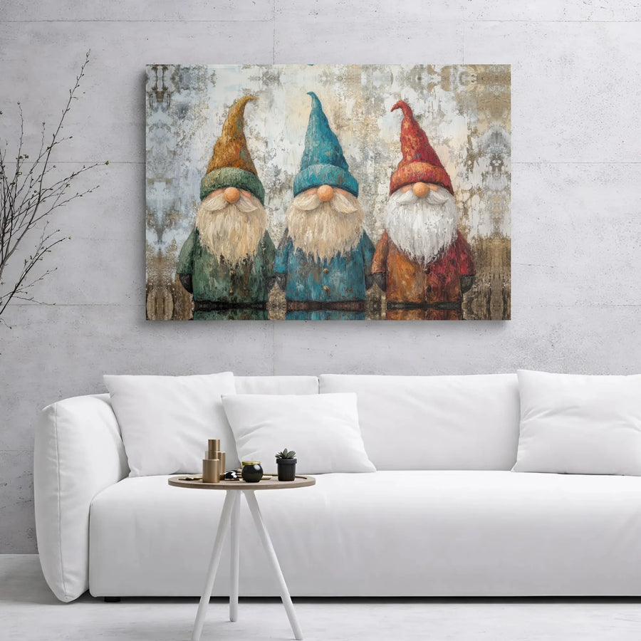 Three Gnomes Wall Art | Whimsical Oil Painting Style Canvas | Premium 1.25-Inch Gallery Wrap | Rustic Home Decor Gift for Gnome Collectors