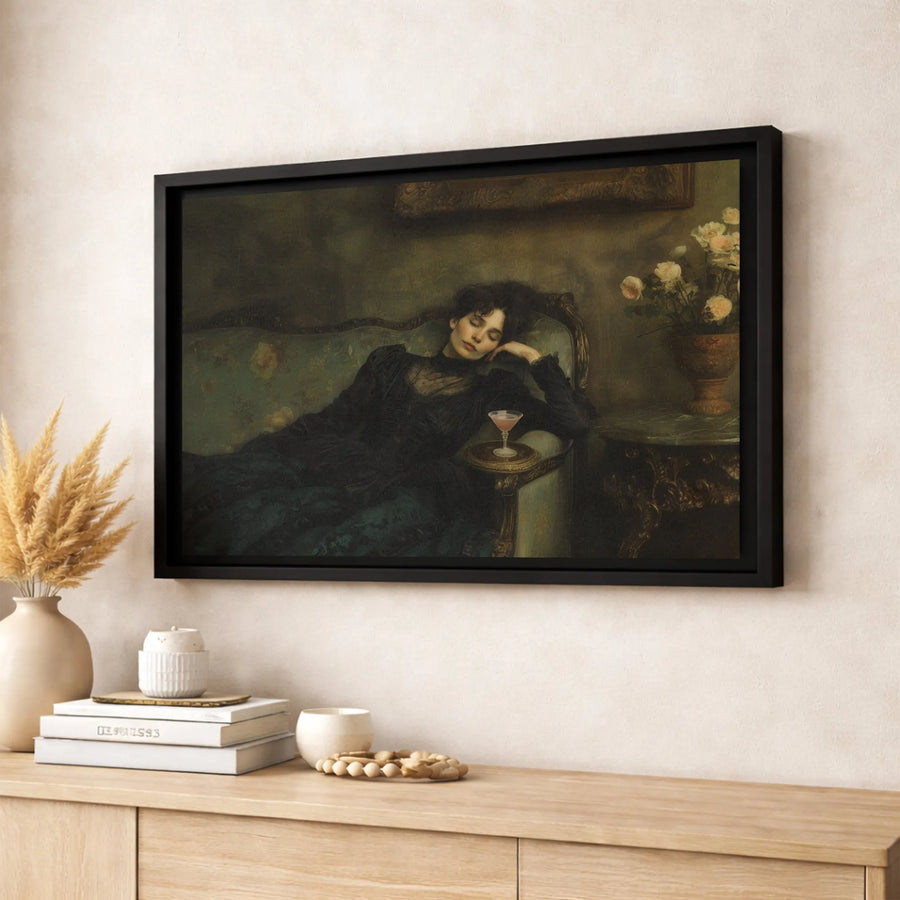 Vintage Classical Art Canvas Print | Sleeping Woman With Pink Cocktail | Gallery Quality 1.25 Inch Wrap | Moody Home Decor Gift