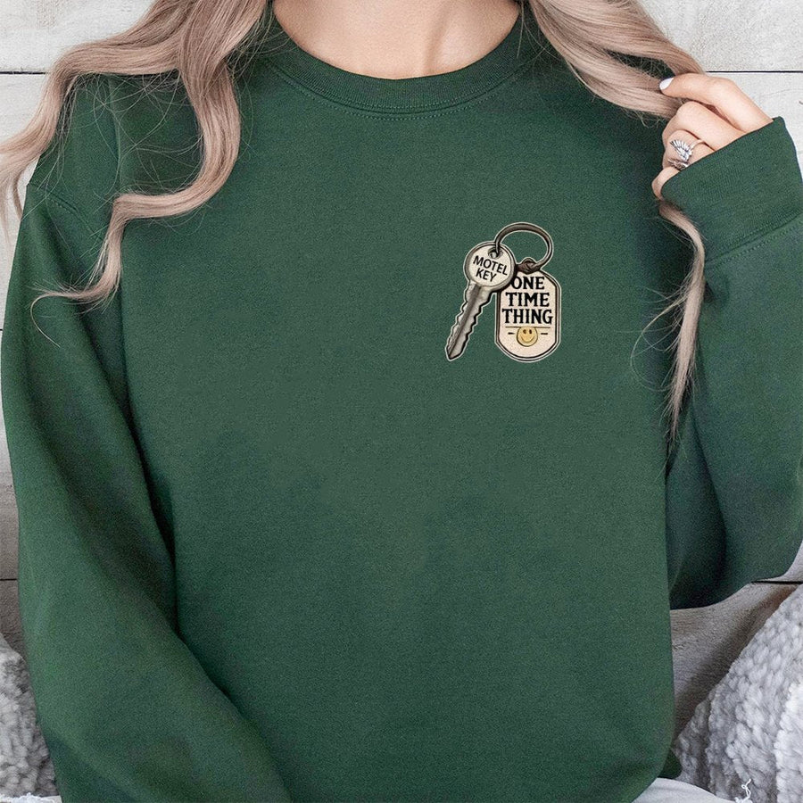 Motel Key Sweatshirt | Retro One Time Thing Graphic Print | Unisex Premium Cotton Blend Crewneck | Trendy Streetwear Gift For Him And Her