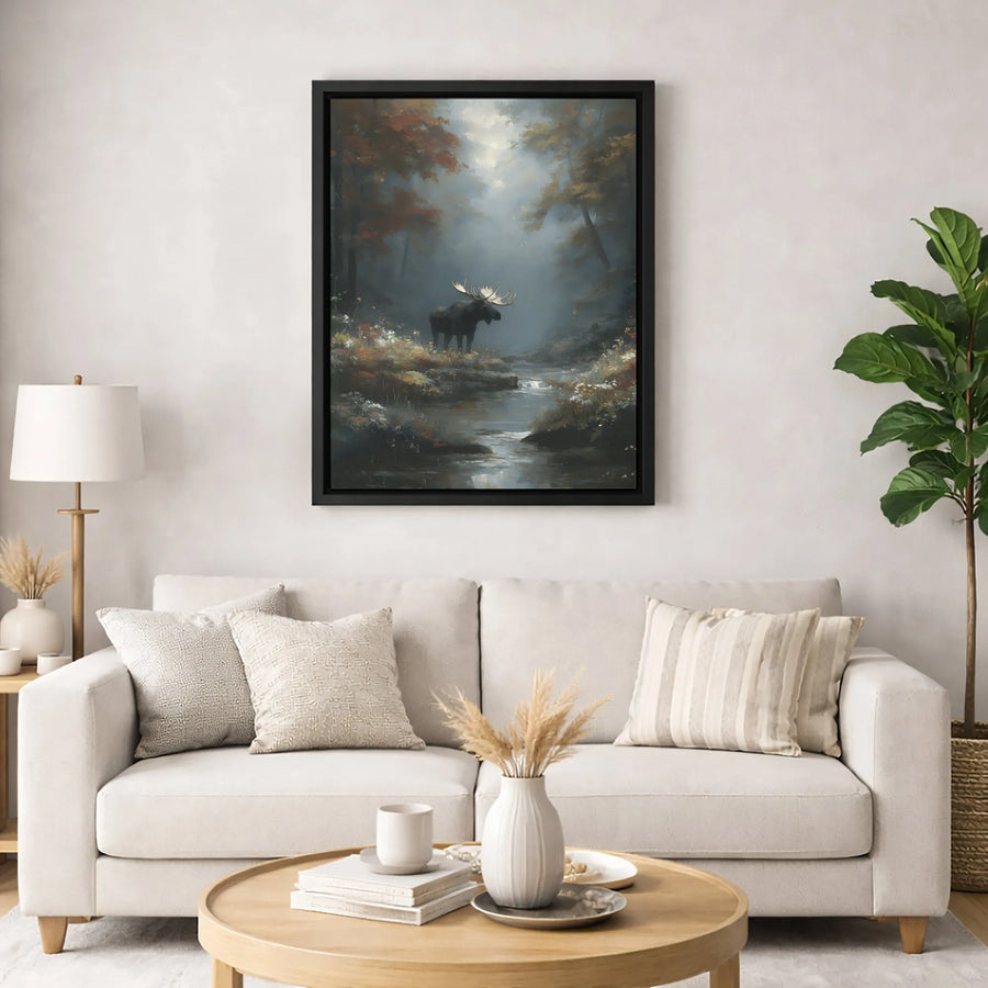 Moose Canvas Wall Art | Misty Autumn Forest Stream Painting | Premium Gallery Wrapped Decor | Wildlife Lodge Decor Nature Gift