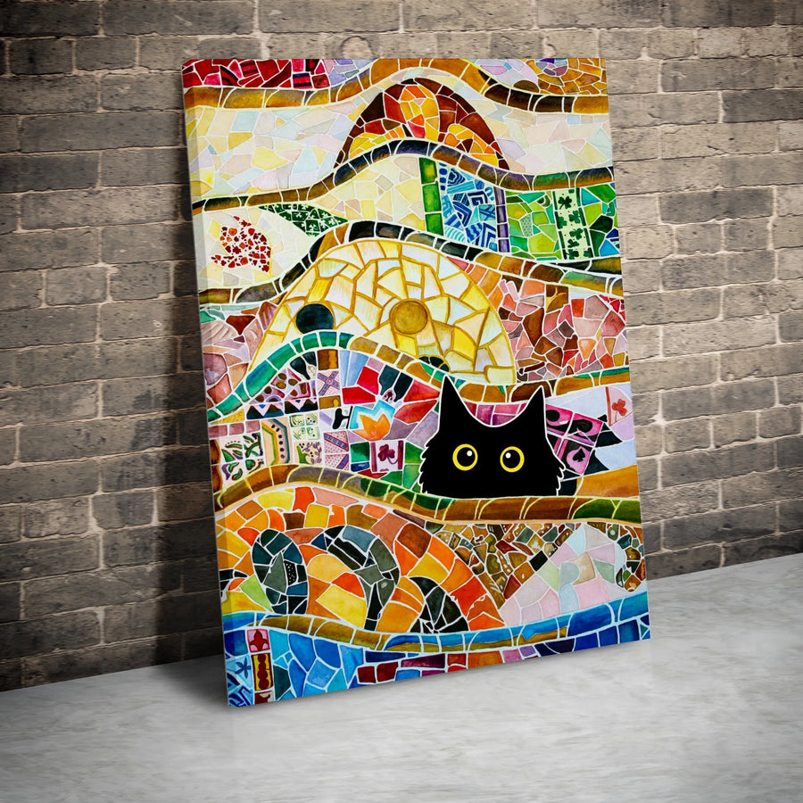 Black Cat Mosaic Wall Art | Peeking Cat Gaudí Style Canvas | Premium Fade-Resistant Print | Unique Cat Lover Home Decor Gift