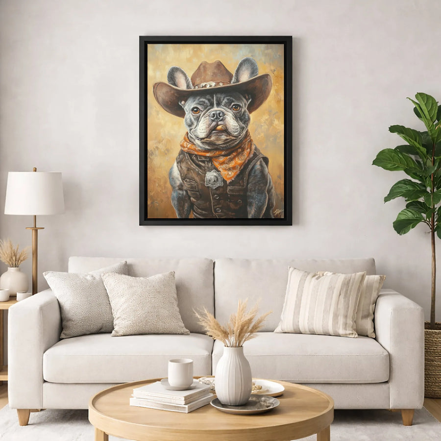 French Bulldog Canvas Art | Cowboy Sheriff Dog Portrait with Cigar | Premium Gallery-Wrapped Print | Western Home Decor Gift