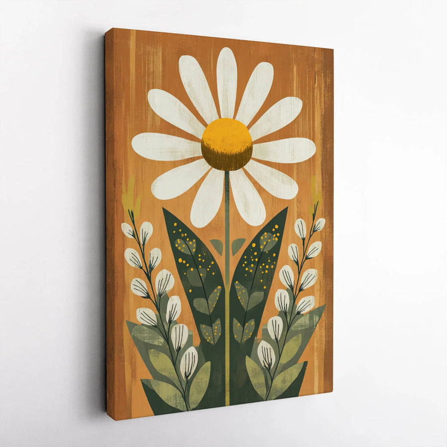 Daisy Flower Wall Art | Mid-Century Modern Folk Botanical Print | Premium Gallery Wrapped Canvas | Minimalist Nature Home Decor Gift