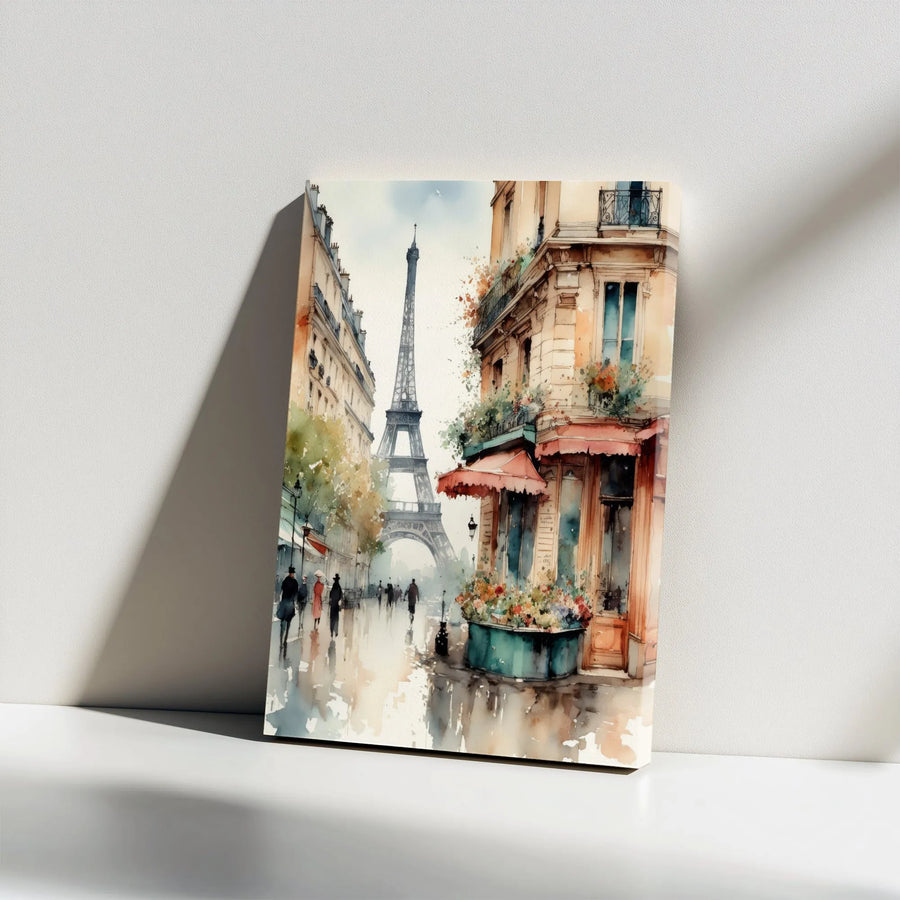 Paris Watercolor Canvas Print | Romantic Eiffel Tower Street Scene | Premium Gallery Wrapped Canvas | French Inspired Home Decor Gift