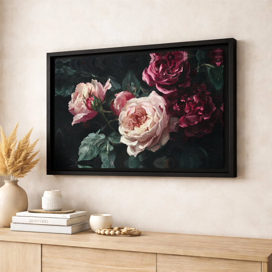 Moody Dark Floral Canvas Art | Romantic Oil Painting Still Life Print | Gallery Quality 1.25 Inch Profile | Elegant Home Decor Gift