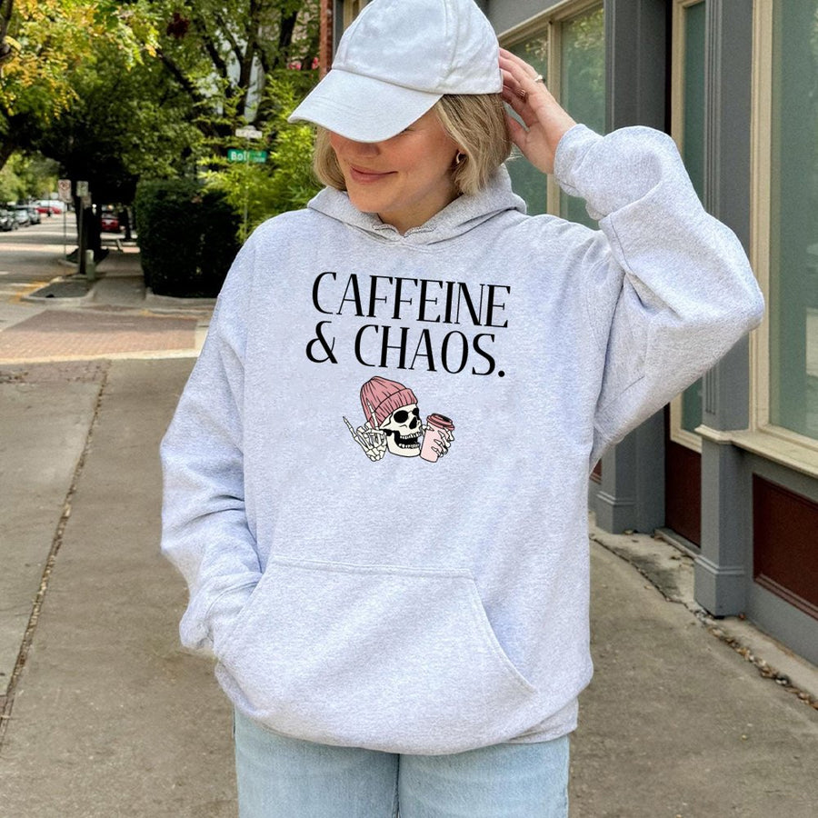 Caffeine & Chaos Hoodie | Aesthetic Skeleton Coffee Graphic | Soft Cotton-Blend Pullover | Trendy Gift for Coffee Lovers & Students