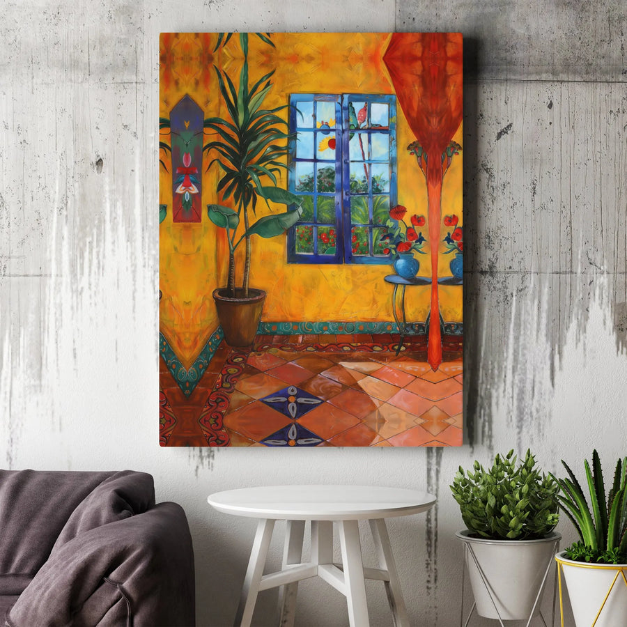 Mediterranean Wall Art | Vibrant Interior Canvas Print with Blue Window | Premium Gallery Wrap Decor | Artistic Home Gift for Living Room
