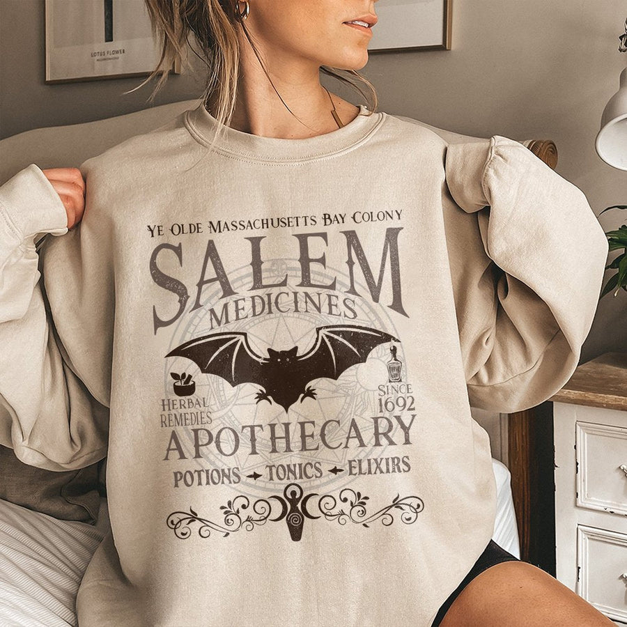 Salem Apothecary Sweatshirt | Vintage 1692 Bat Witchy Graphic | Premium Cotton Blend | Spooky Halloween Gift for Women and Men