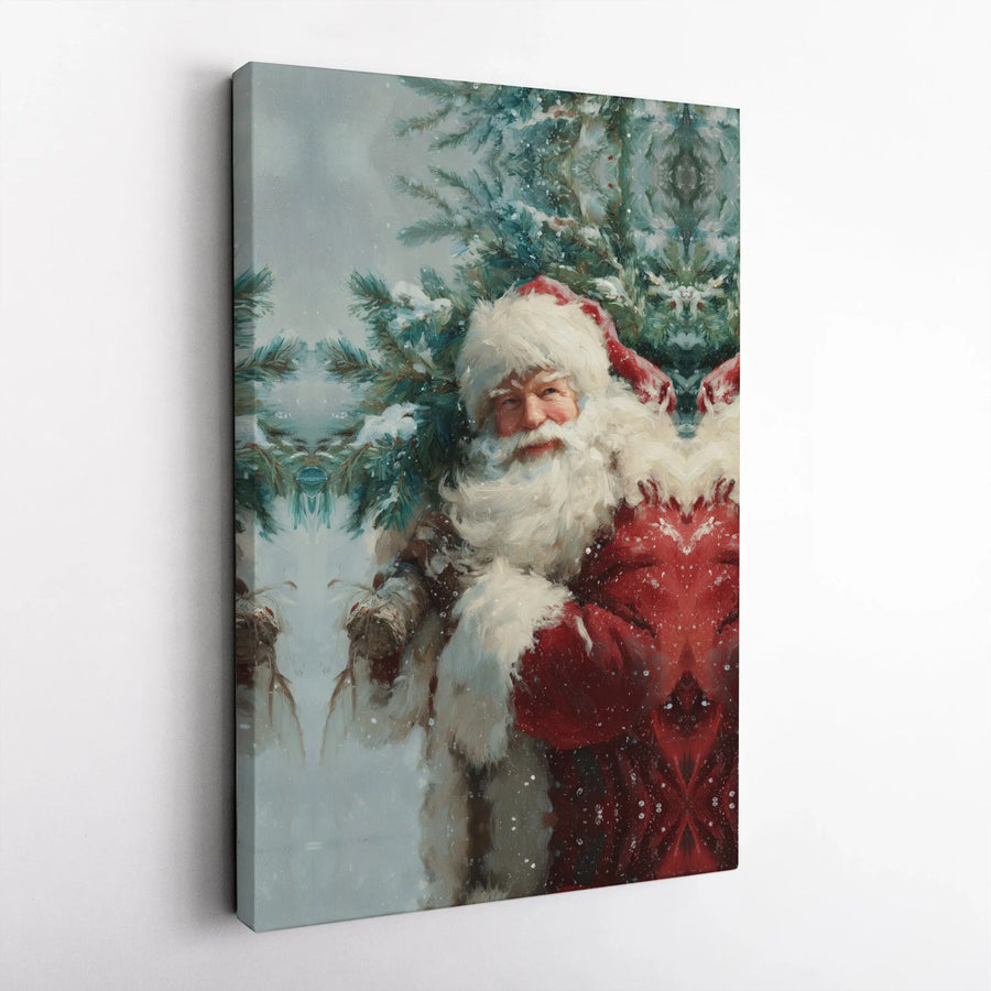 Vintage Santa Claus Wall Art | Snowy Christmas Tree Painting | Premium 1.25-Inch Gallery Wrapped Canvas | Festive Holiday Home Decor Gift