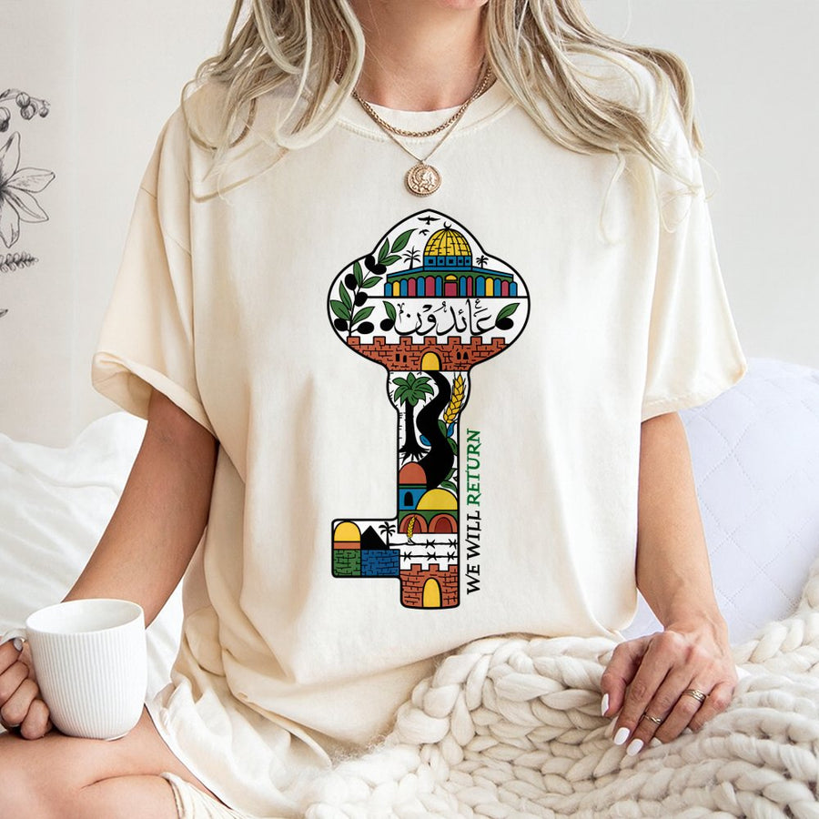 Palestine Key T-Shirt | We Will Return Cultural Graphic Design | Premium Cotton Unisex Apparel | Meaningful Gift for Palestinian Heritage Supporters