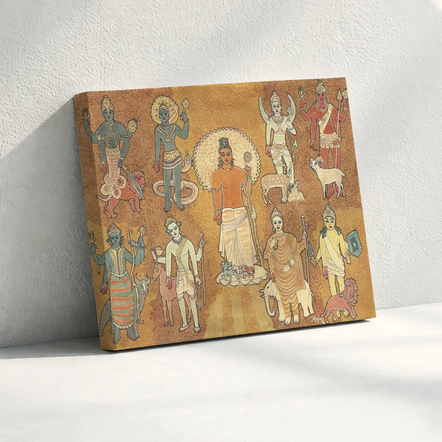 Navagraha Hindu Deities Canvas Art | Nine Planets Traditional Indian Painting | Premium Gallery Wrap Wall Decor | Spiritual Home Gift for Meditation