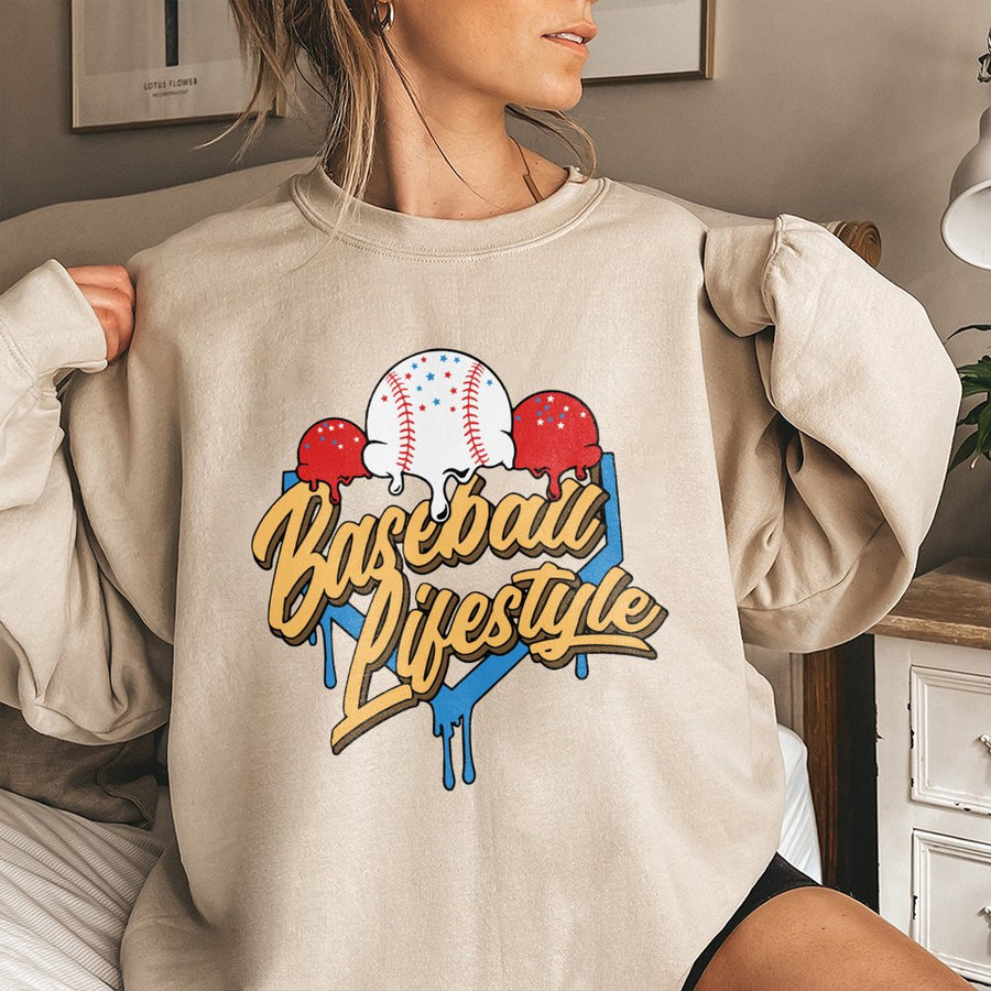 Baseball Lifestyle Sweatshirt | Ice Cream Drip Graphic | Premium Cotton Blend | Gift For Baseball Mom And Player