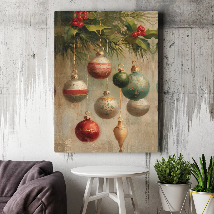 Vintage Christmas Ornaments Wall Art | Classic Oil Painting Style Holiday Decor | Premium Gallery Wrap Canvas | Festive Home Living Room Gift