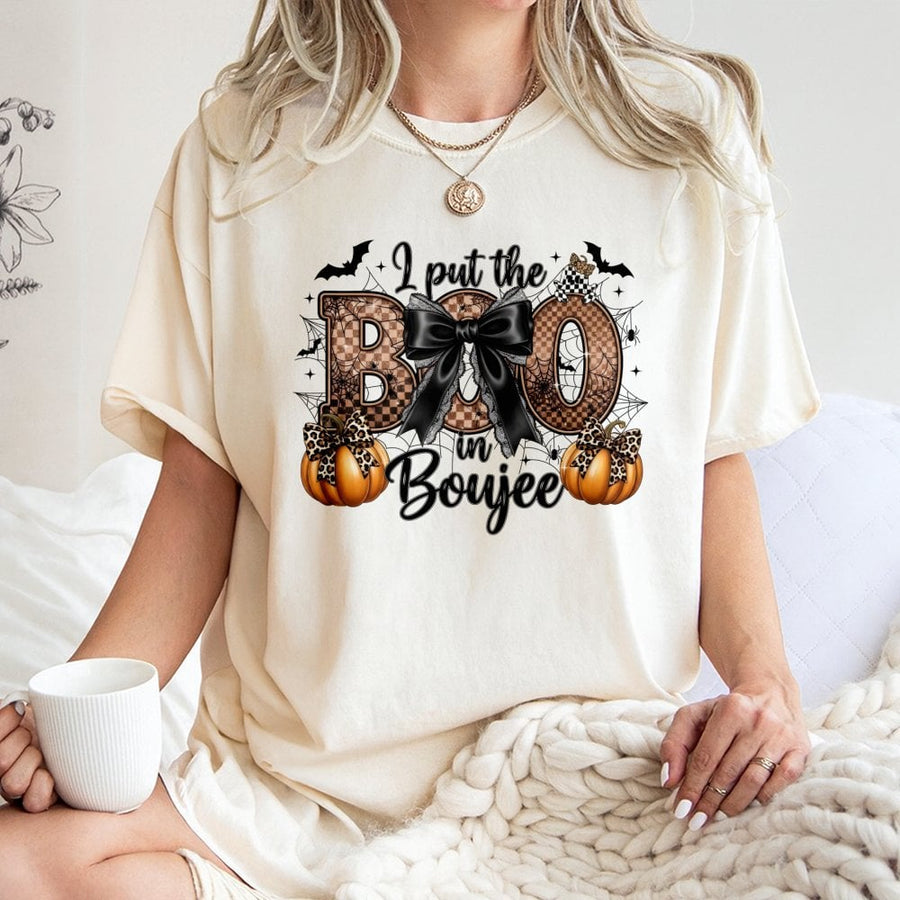 I Put The Boo In Boujee T-Shirt | Chic Leopard Pumpkin Halloween Graphic Tee | 100% Cotton Premium Gift | Stylish Trendy Fall Apparel For Women