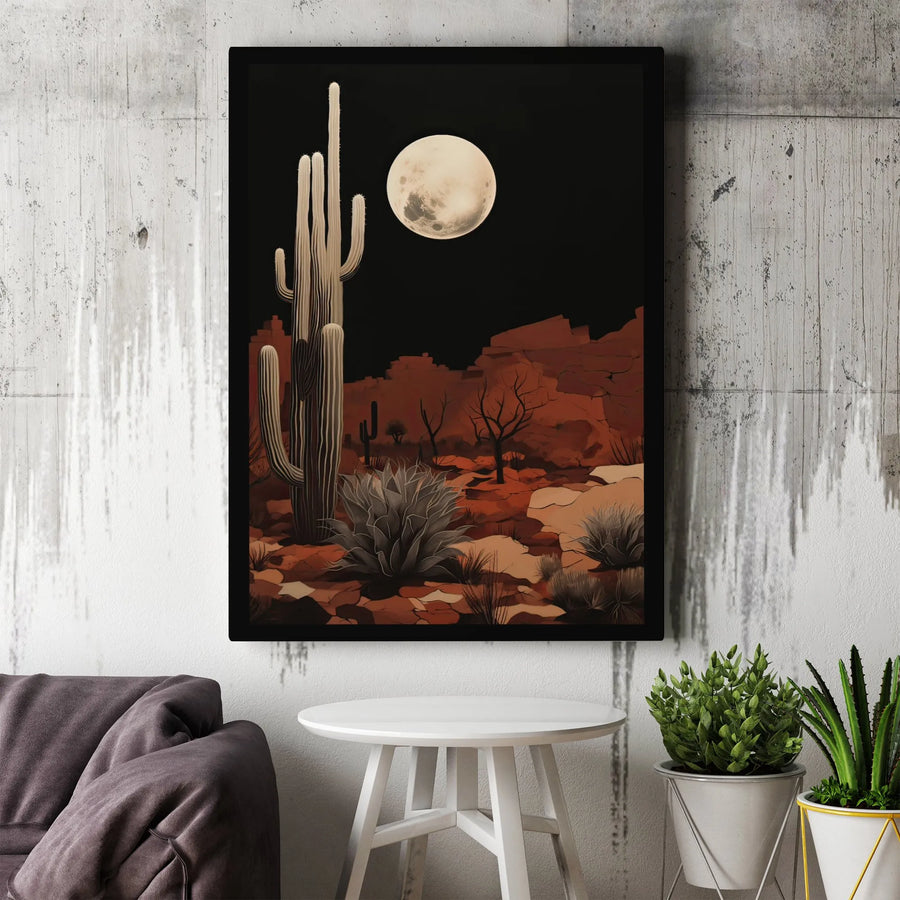 Southwestern Desert Canvas Wall Art | Saguaro Cactus Full Moon Nightscape | Gallery-Wrapped 1.25" Premium Print | Western Boho Home Decor