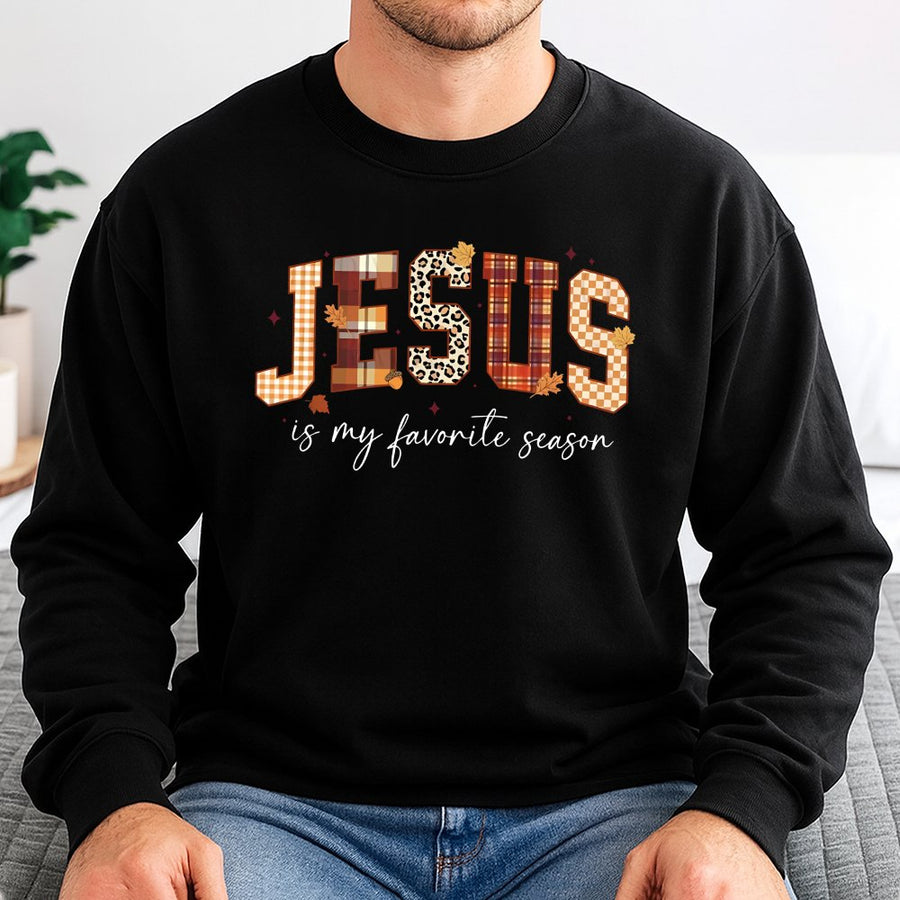 Jesus Is My Favorite Season Sweatshirt | Plaid Leopard Fall Aesthetic Print | Premium Cotton Blend Crewneck | Christian Faith Gift for Women