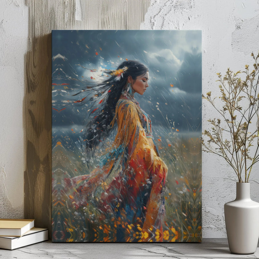 Native American Woman Wall Art | Dreamy Boho Portrait in Wind | Premium Gallery Wrapped Canvas | Spiritual Home Decor Gift