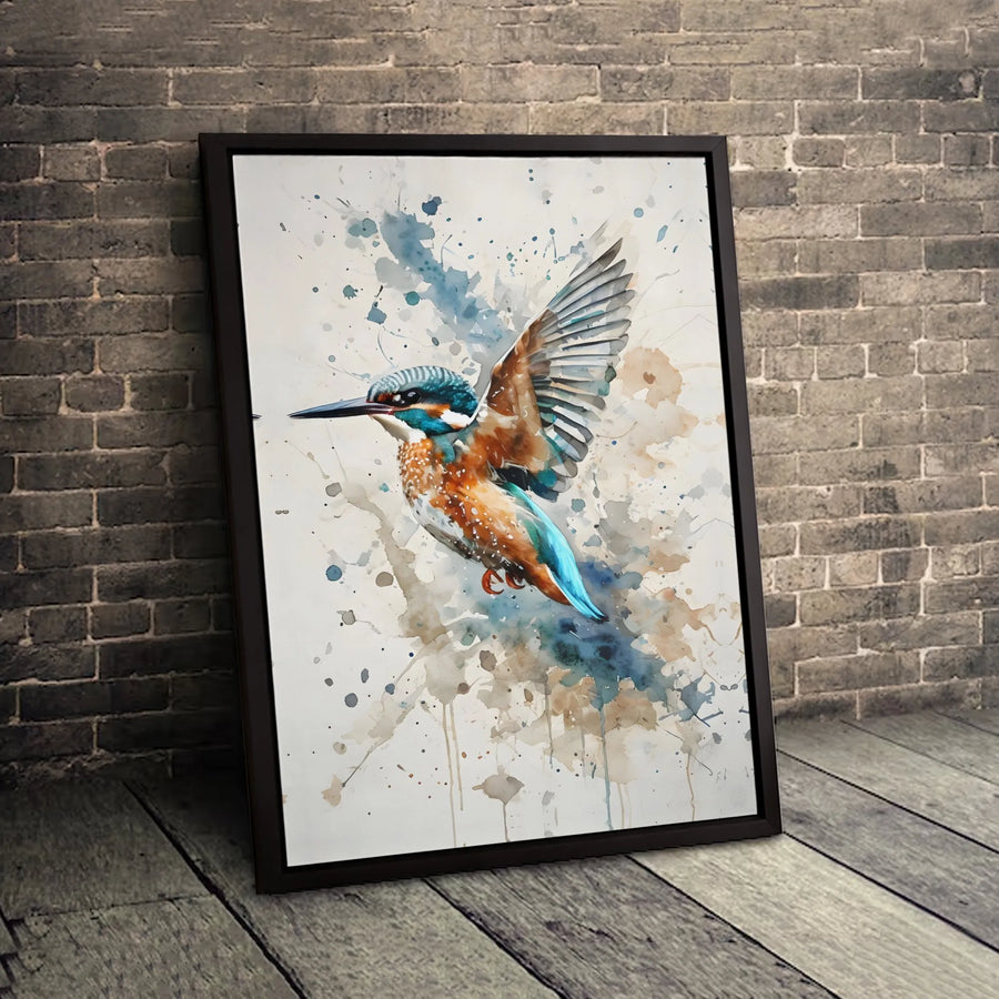Kingfisher Bird Canvas Wall Art | Watercolor Splatter Print | 1.25-Inch Gallery Wrap | Nature Home Decor Gift for Bird Lovers